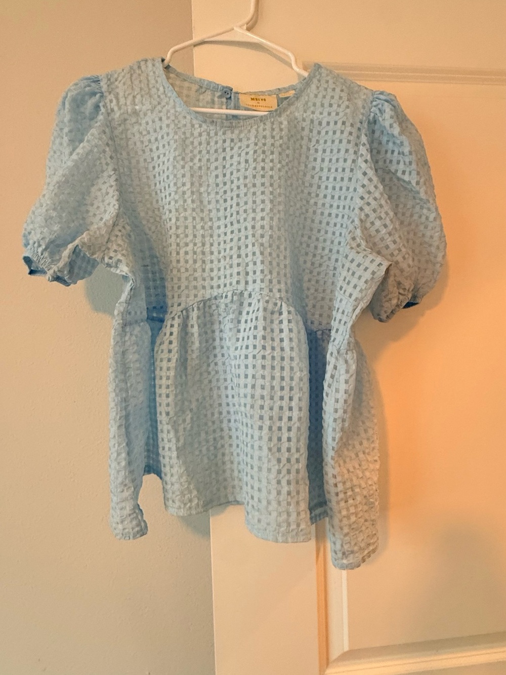 Anthropologie Maeve Light Blue Checkered Peplum Top - Picture 2 of 7